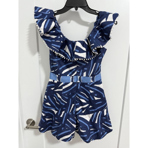 Alexis Romper XS Blue White Print Ruffle Trim Pom Pom Belted One Piece Summer - Picture 6 of 11